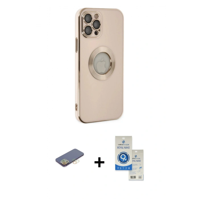 MARSİLYAN™- iPhone 12 Pro Max Kılıf İz Form Serisi - Şeffaf Royal Nano Ekran Koruyucu + Sarı Renkli Kamera Lens Koruma Cam