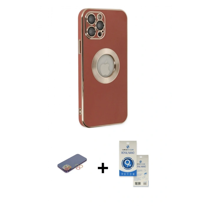 MARSİLYAN™- iPhone 12 Pro Max Kılıf İz Form Serisi - Şeffaf Royal Nano Ekran Koruyucu + Turuncu Renkli Kamera Lens Koruma Cam