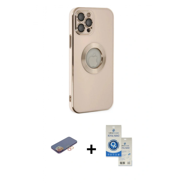 MARSİLYAN™- iPhone 12 Pro Max Kılıf İz Form Serisi - Şeffaf Royal Nano Ekran Koruyucu + Turuncu Renkli Kamera Lens Koruma Cam