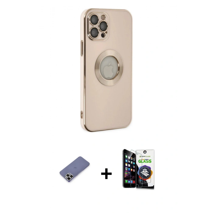 MARSİLYAN™- iPhone 12 Pro Max Kılıf İz Form Serisi - Şeffaf Temperli Cam Ekran Koruyucu + Metal Kamera Lens Koruma Cam - GD