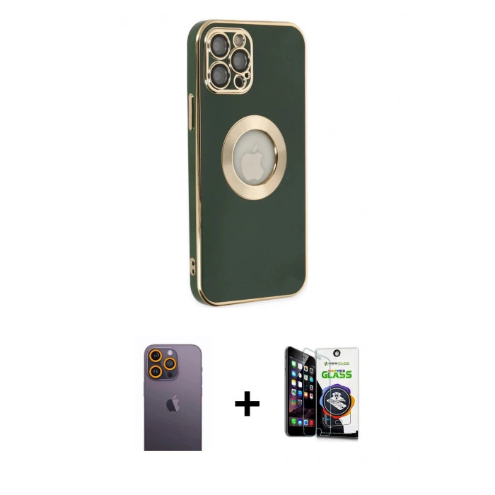 MARSİLYAN™- iPhone 12 Pro Max Kılıf İz Form Serisi - Şeffaf Temperli Cam Ekran Koruyucu + Neon Fosforlu Kamera Lens - SI