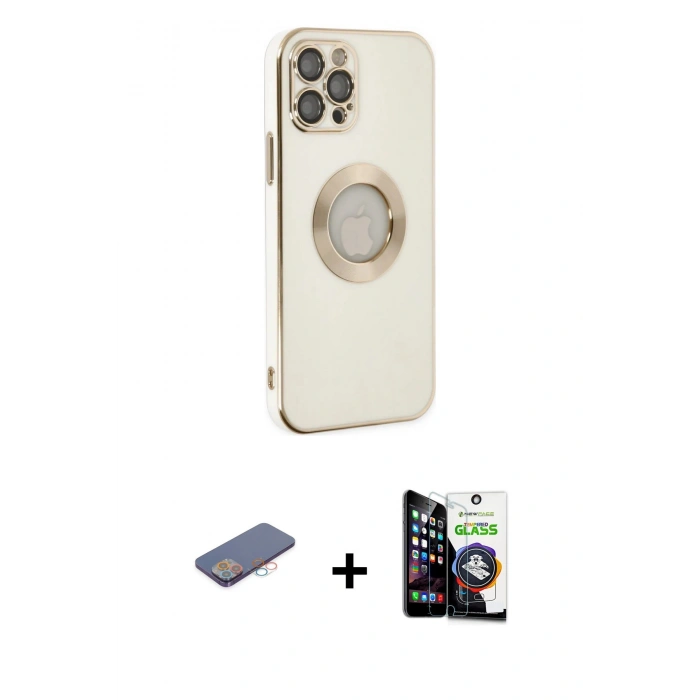 MARSİLYAN™- iPhone 12 Pro Max Kılıf İz Form Serisi - Şeffaf Temperli Cam Ekran Koruyucu + Renkli Kamera Lens Koruma Cam - PE