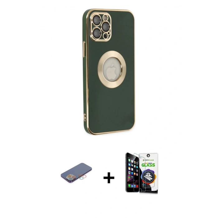 MARSİLYAN™- iPhone 12 Pro Max Kılıf İz Form Serisi - Şeffaf Temperli Cam Ekran Koruyucu + Renkli Kamera Lens Koruma Cam - PE