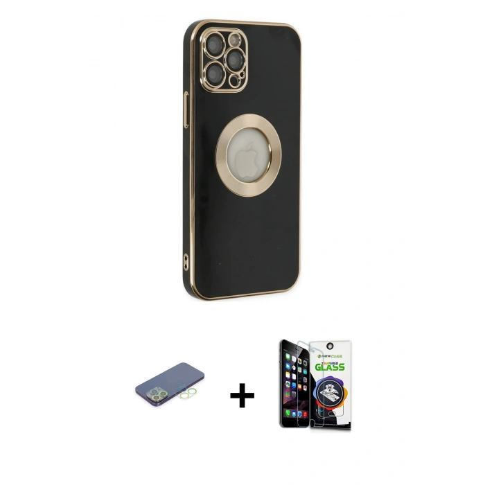 MARSİLYAN™- iPhone 12 Pro Max Kılıf İz Form Serisi - Şeffaf Temperli Cam Ekran Koruyucu + Renkli Kamera Lens Koruma Cam - YL