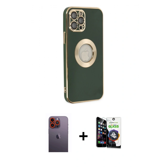MARSİLYAN™- iPhone 12 Pro Max Kılıf İz Form Serisi - Şeffaf Temperli Cam Ekran Koruyucu + Neon Fosforlu Kamera Lens - TU