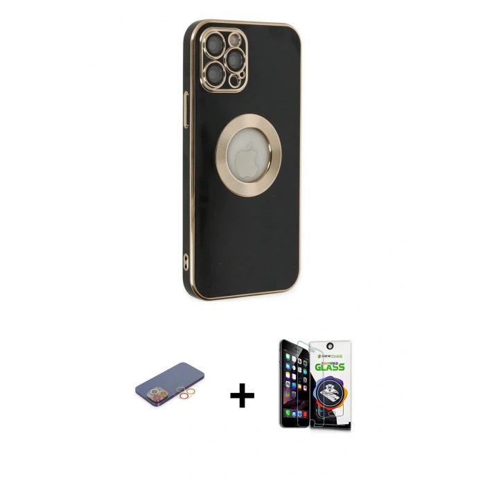 MARSİLYAN™- iPhone 12 Pro Max Kılıf İz Form Serisi - Şeffaf Temperli Cam Ekran Koruyucu + Renkli Kamera Lens Koruma Cam - TU