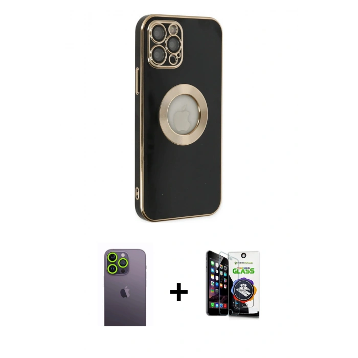 MARSİLYAN™- iPhone 12 Pro Max Kılıf İz Form Serisi - Şeffaf Temperli Cam Ekran Koruyucu + Neon Fosforlu Kamera Lens - YL