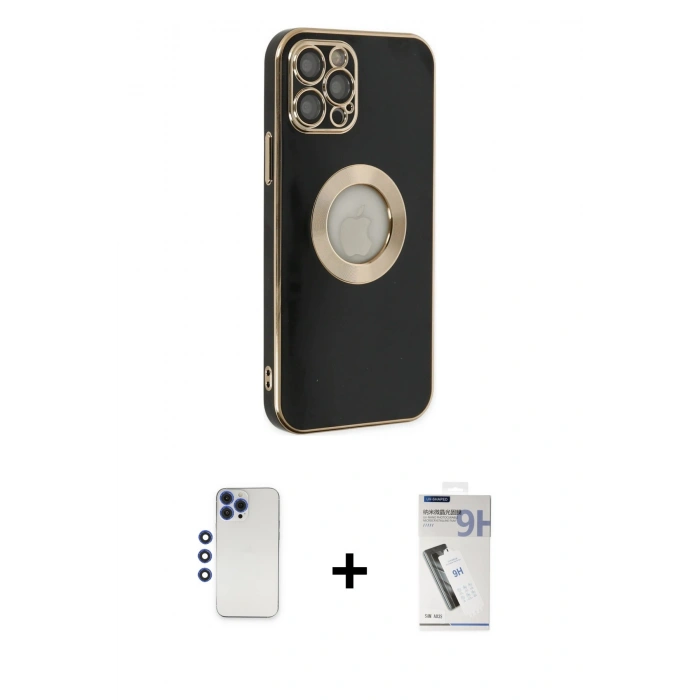 MARSİLYAN™- iPhone 12 Pro Max Kılıf İz Form Serisi - Şeffaf Uv Polymer Nano Ekran Koruyucu + Lacivert Shine Kamera Lens