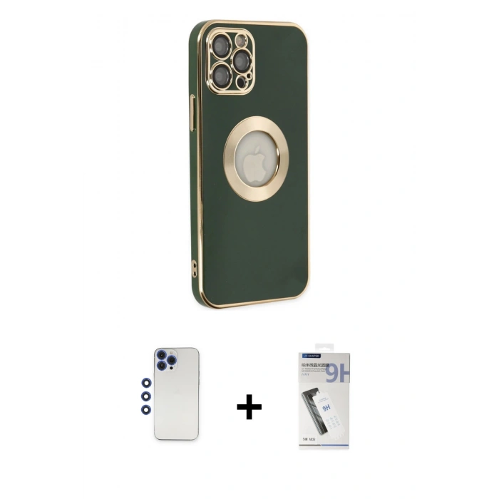 MARSİLYAN™- iPhone 12 Pro Max Kılıf İz Form Serisi - Şeffaf Uv Polymer Nano Ekran Koruyucu + Lacivert Shine Kamera Lens