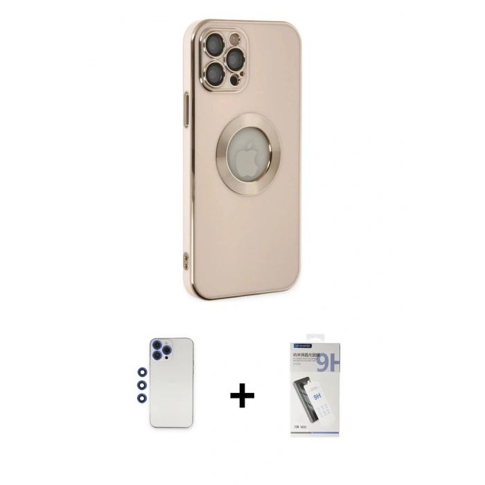 MARSİLYAN™- iPhone 12 Pro Max Kılıf İz Form Serisi - Şeffaf Uv Polymer Nano Ekran Koruyucu + Lacivert Shine Kamera Lens