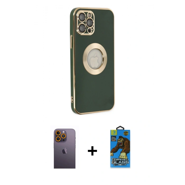 MARSİLYAN™- iPhone 12 Pro Max Kılıf İz Form Serisi - Siyah 18D Cam Ekran Koruyucu + Neon Fosforlu Kamera Lens - SI