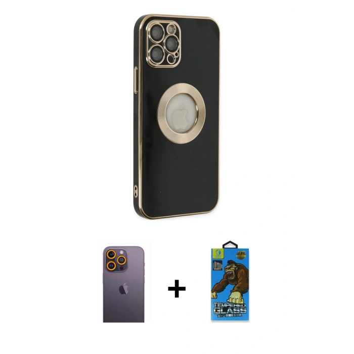 MARSİLYAN™- iPhone 12 Pro Max Kılıf İz Form Serisi - Siyah 18D Cam Ekran Koruyucu + Neon Fosforlu Kamera Lens - SI