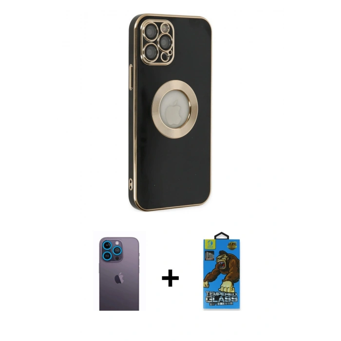 MARSİLYAN™- iPhone 12 Pro Max Kılıf İz Form Serisi - Siyah 18D Cam Ekran Koruyucu + Neon Fosforlu Kamera Lens - MI