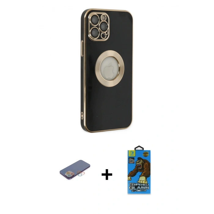 MARSİLYAN™- iPhone 12 Pro Max Kılıf İz Form Serisi - Siyah 18D Cam Ekran Koruyucu + Pembe Renkli Kamera Lens Koruma Cam