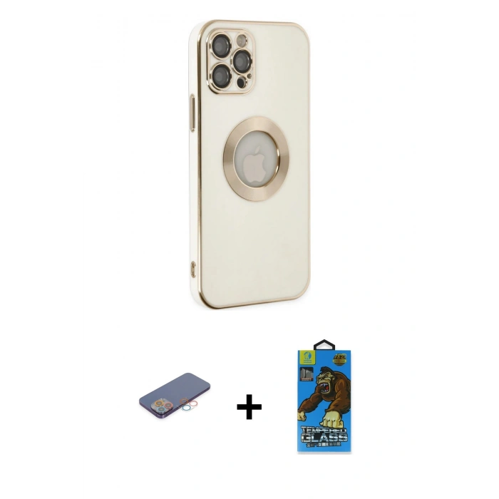 MARSİLYAN™- iPhone 12 Pro Max Kılıf İz Form Serisi - Siyah 18D Cam Ekran Koruyucu + Pembe Renkli Kamera Lens Koruma Cam