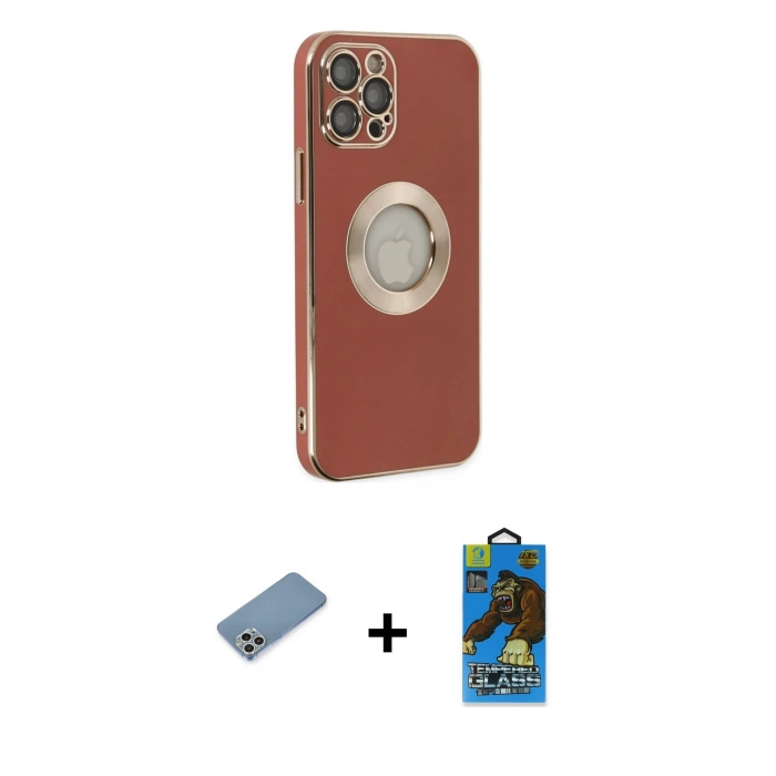 MARSİLYAN™- iPhone 12 Pro Max Kılıf İz Form Serisi - Siyah 18D Cam Ekran Koruyucu + Shine Kamera Lens Koruma Cam - GS