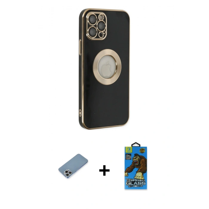MARSİLYAN™- iPhone 12 Pro Max Kılıf İz Form Serisi - Siyah 18D Cam Ekran Koruyucu + Shine Kamera Lens Koruma Cam - GI