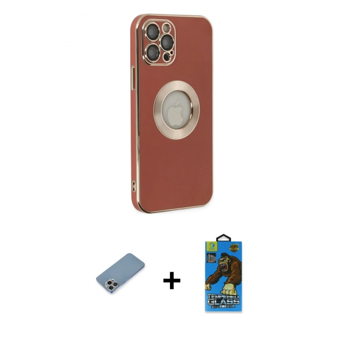 MARSİLYAN™- iPhone 12 Pro Max Kılıf İz Form Serisi - Siyah 18D Cam Ekran Koruyucu + Shine Kamera Lens Koruma Cam - GI