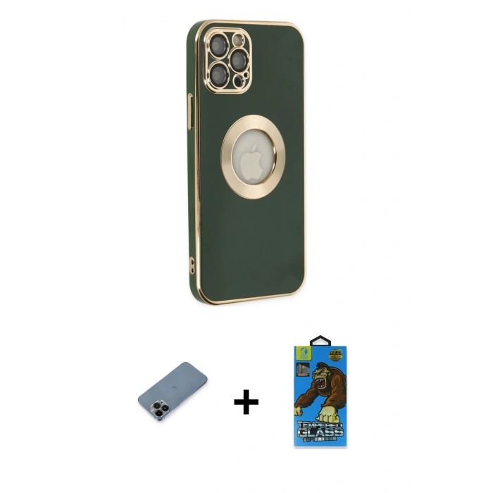 MARSİLYAN™- iPhone 12 Pro Max Kılıf İz Form Serisi - Siyah 18D Cam Ekran Koruyucu + Siyah Shine Kamera Lens Koruma Cam