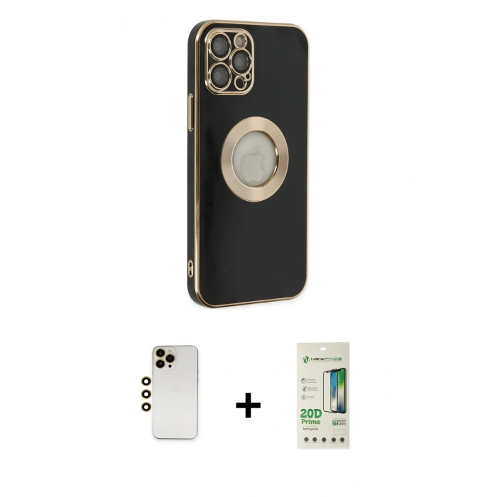 MARSİLYAN™- iPhone 12 Pro Max Kılıf İz Form Serisi - Siyah 20D Premium Cam Ekran Koruyucu + Shine Kamera Lens - GD