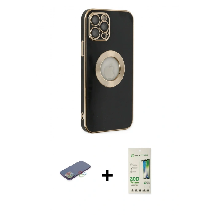 MARSİLYAN™- iPhone 12 Pro Max Kılıf İz Form Serisi - Siyah 20D Premium Cam Ekran Koruyucu + Renkli Kamera Lens Koruma Cam - MI
