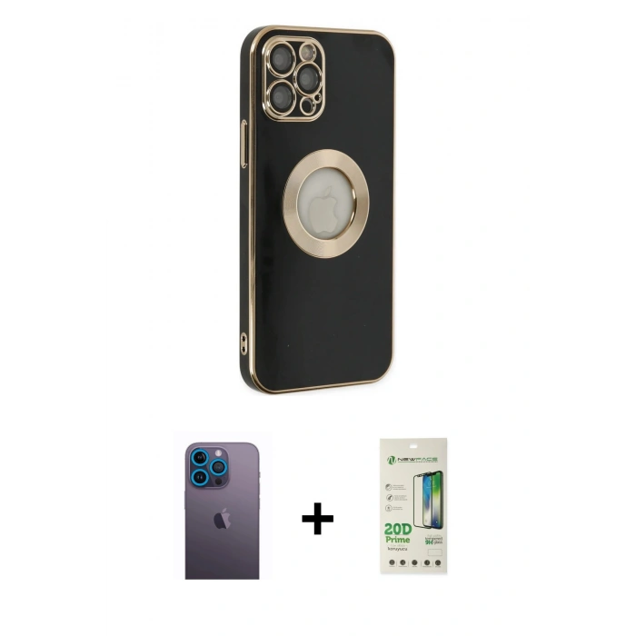 MARSİLYAN™- iPhone 12 Pro Max Kılıf İz Form Serisi - Siyah 20D Premium Cam Ekran Koruyucu + Neon Fosforlu Kamera Lens - MI