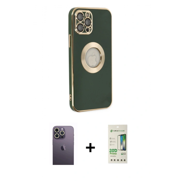 MARSİLYAN™- iPhone 12 Pro Max Kılıf İz Form Serisi - Siyah 20D Premium Cam Ekran Koruyucu + Neon Fosforlu Kamera Lens - BZ