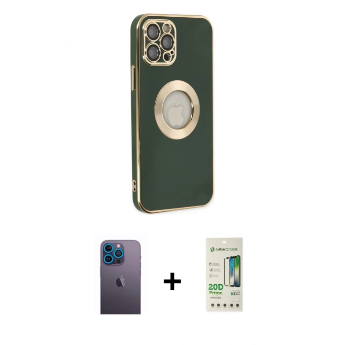 MARSİLYAN™- iPhone 12 Pro Max Kılıf İz Form Serisi - Siyah 20D Premium Cam Ekran Koruyucu + Neon Fosforlu Kamera Lens - MI