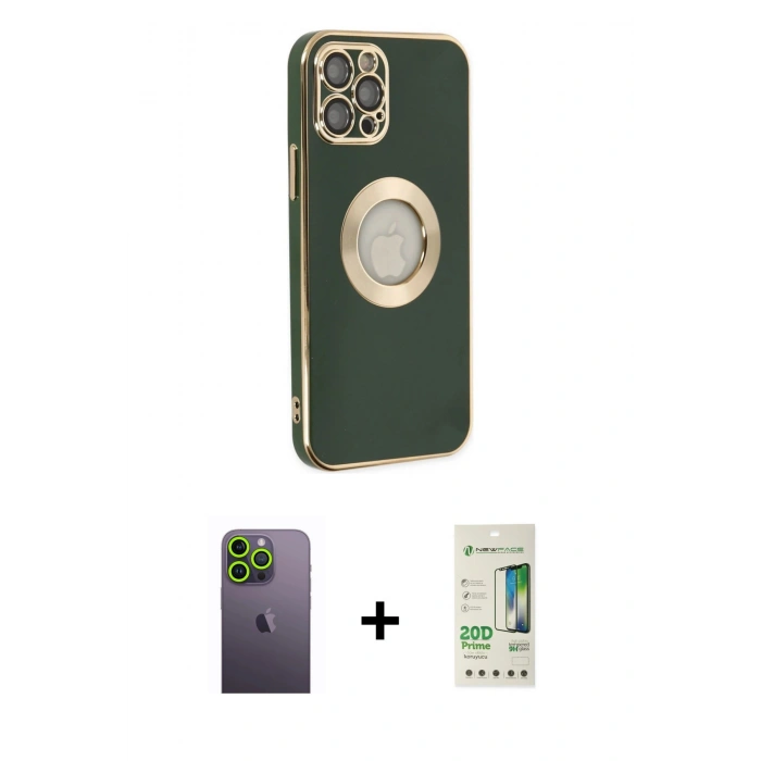 MARSİLYAN™- iPhone 12 Pro Max Kılıf İz Form Serisi - Siyah 20D Premium Cam Ekran Koruyucu + Neon Fosforlu Kamera Lens - YL