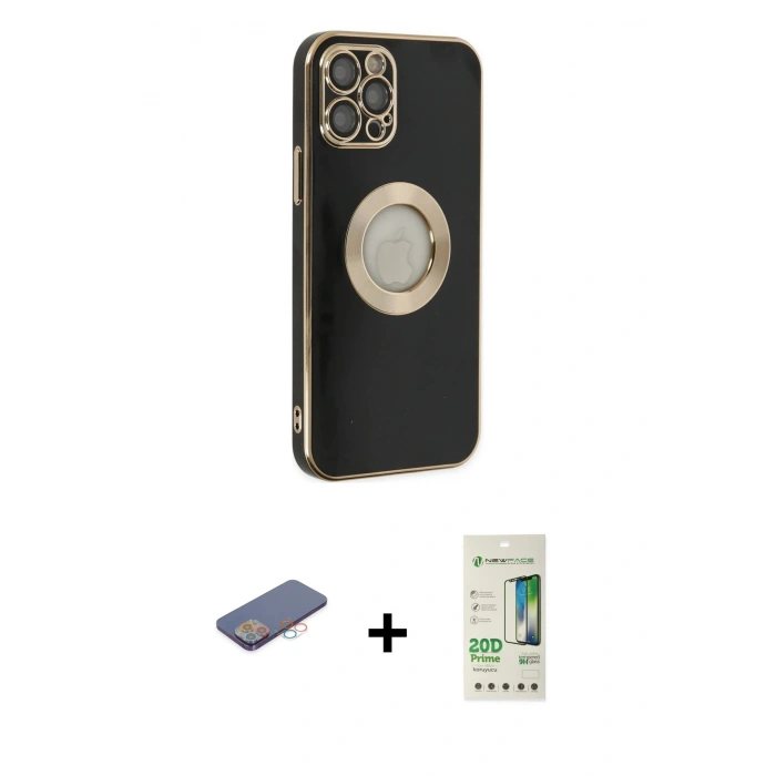 MARSİLYAN™- iPhone 12 Pro Max Kılıf İz Form Serisi - Siyah 20D Premium Cam Ekran Koruyucu + Renkli Kamera Lens Koruma Cam - PE