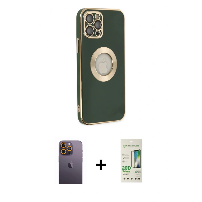MARSİLYAN™- iPhone 12 Pro Max Kılıf İz Form Serisi - Siyah 20D Premium Cam Ekran Koruyucu + Neon Fosforlu Kamera Lens - SI