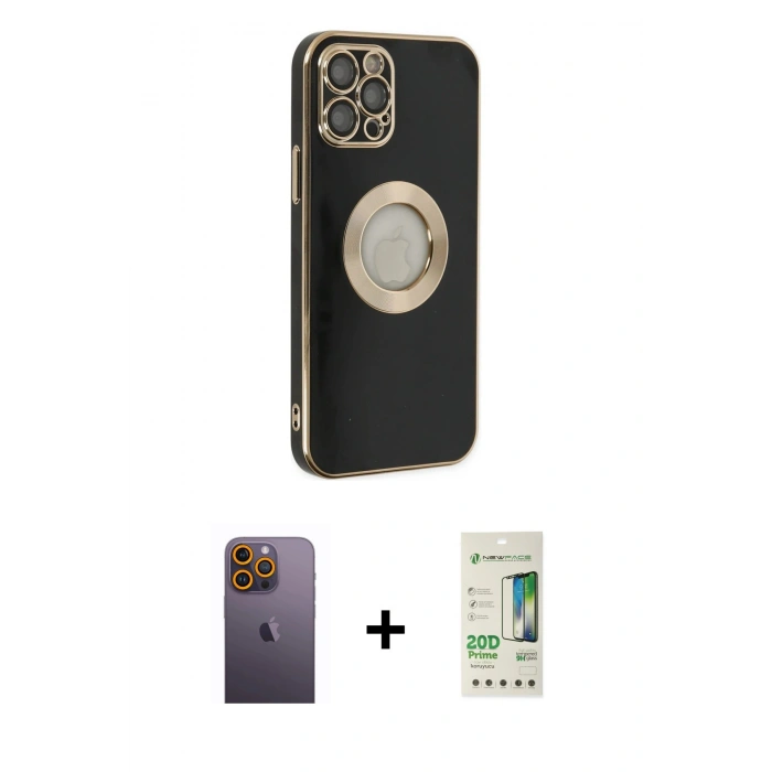 MARSİLYAN™- iPhone 12 Pro Max Kılıf İz Form Serisi - Siyah 20D Premium Cam Ekran Koruyucu + Neon Fosforlu Kamera Lens - SI