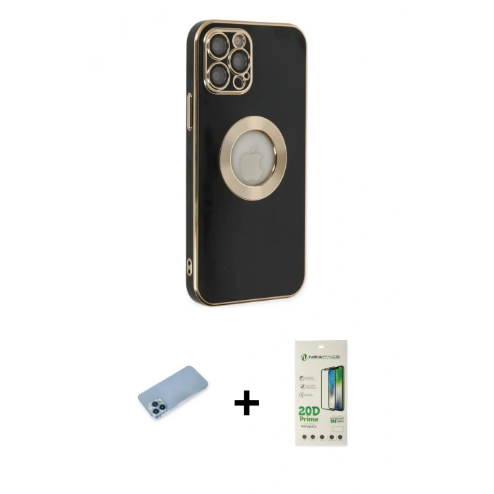 MARSİLYAN™- iPhone 12 Pro Max Kılıf İz Form Serisi - Siyah 20D Premium Cam Ekran Koruyucu + Shine Kamera Lens Koruma Cam - MI