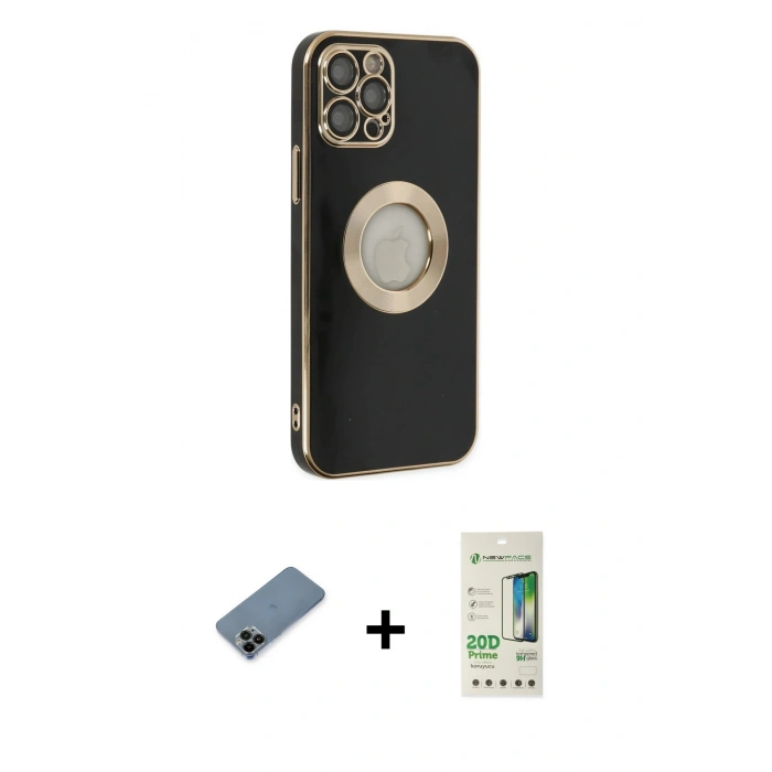 MARSİLYAN™- iPhone 12 Pro Max Kılıf İz Form Serisi - Siyah 20D Premium Cam Ekran Koruyucu + Shine Kamera Lens Koruma Cam - SH