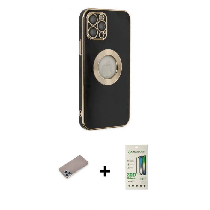 MARSİLYAN™- iPhone 12 Pro Max Kılıf İz Form Serisi - Siyah 20D Premium Cam Ekran Koruyucu + Shine Kamera Lens Koruma Cam - SABE
