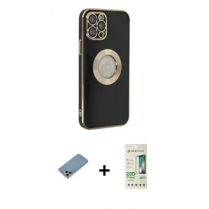 MARSİLYAN™- iPhone 12 Pro Max Kılıf İz Form Serisi - Siyah 20D Premium Cam Ekran Koruyucu + Shine Kamera Lens Koruma Cam - GI