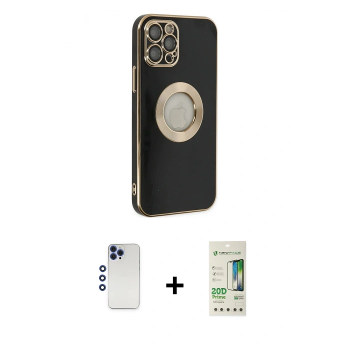 MARSİLYAN™- iPhone 12 Pro Max Kılıf İz Form Serisi - Siyah 20D Premium Cam Ekran Koruyucu + Shine Kamera Lens - LT