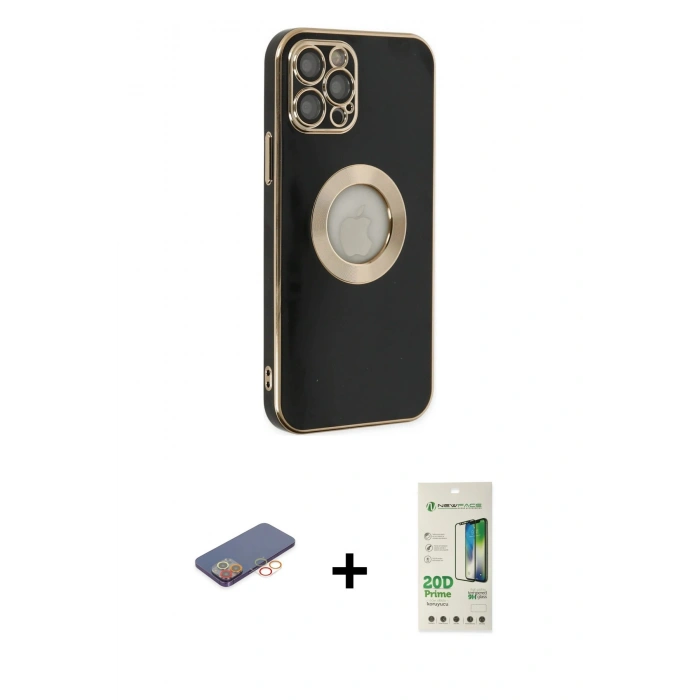 MARSİLYAN™- iPhone 12 Pro Max Kılıf İz Form Serisi - Siyah 20D Premium Cam Ekran Koruyucu + Turuncu Renkli Kamera Lens Koruma Cam