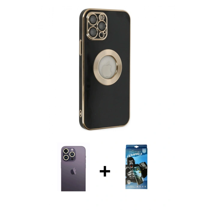 MARSİLYAN™- iPhone 12 Pro Max Kılıf İz Form Serisi - Siyah 34D Izgaralı Cam + Neon Fosforlu Kamera Lens - BZ
