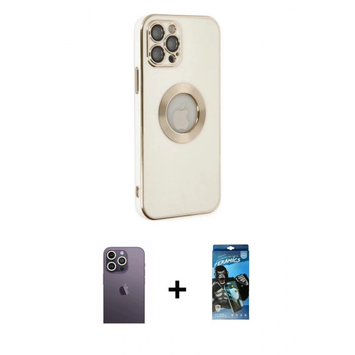 MARSİLYAN™- iPhone 12 Pro Max Kılıf İz Form Serisi - Siyah 34D Izgaralı Cam + Neon Fosforlu Kamera Lens - BZ