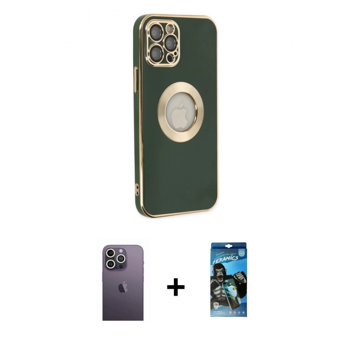 MARSİLYAN™- iPhone 12 Pro Max Kılıf İz Form Serisi - Siyah 34D Izgaralı Cam + Neon Fosforlu Kamera Lens - BZ