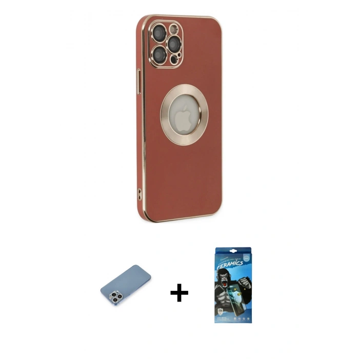 MARSİLYAN™- iPhone 12 Pro Max Kılıf İz Form Serisi - Siyah 34D Izgaralı Cam + Gümüş Shine Kamera Lens Koruma Cam
