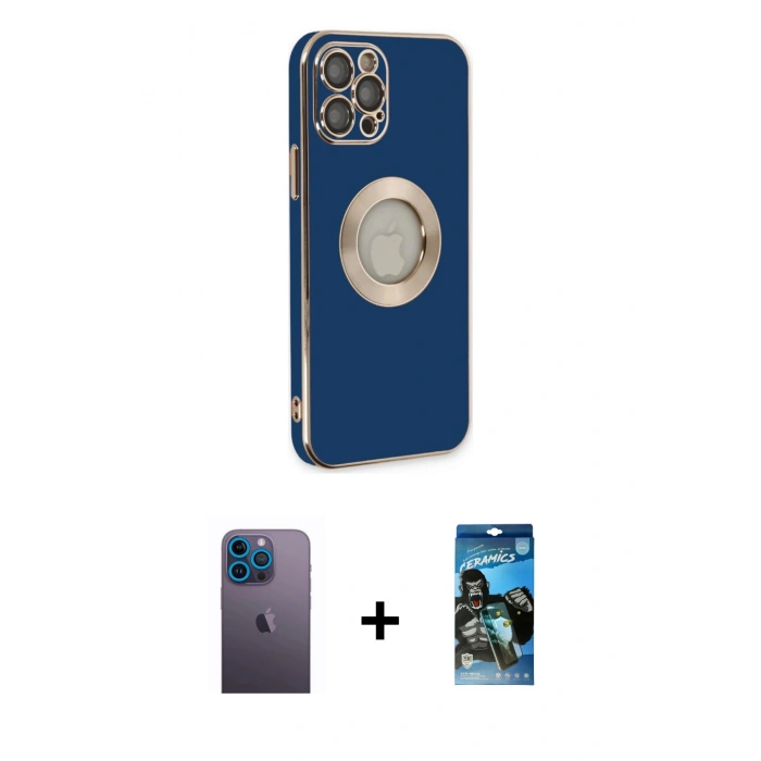 MARSİLYAN™- iPhone 12 Pro Max Kılıf İz Form Serisi - Siyah 34D Izgaralı Cam + Neon Fosforlu Kamera Lens - MI