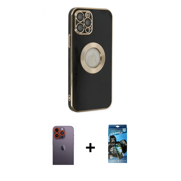 MARSİLYAN™- iPhone 12 Pro Max Kılıf İz Form Serisi - Siyah 34D Izgaralı Cam + Neon Fosforlu Kamera Lens - TU