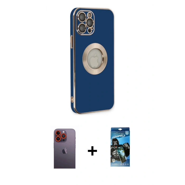 MARSİLYAN™- iPhone 12 Pro Max Kılıf İz Form Serisi - Siyah 34D Izgaralı Cam + Neon Fosforlu Kamera Lens - TU