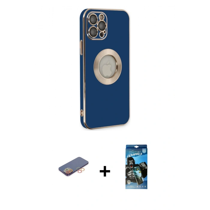 MARSİLYAN™- iPhone 12 Pro Max Kılıf İz Form Serisi - Siyah 34D Izgaralı Cam + Renkli Kamera Lens Koruma Cam - TU
