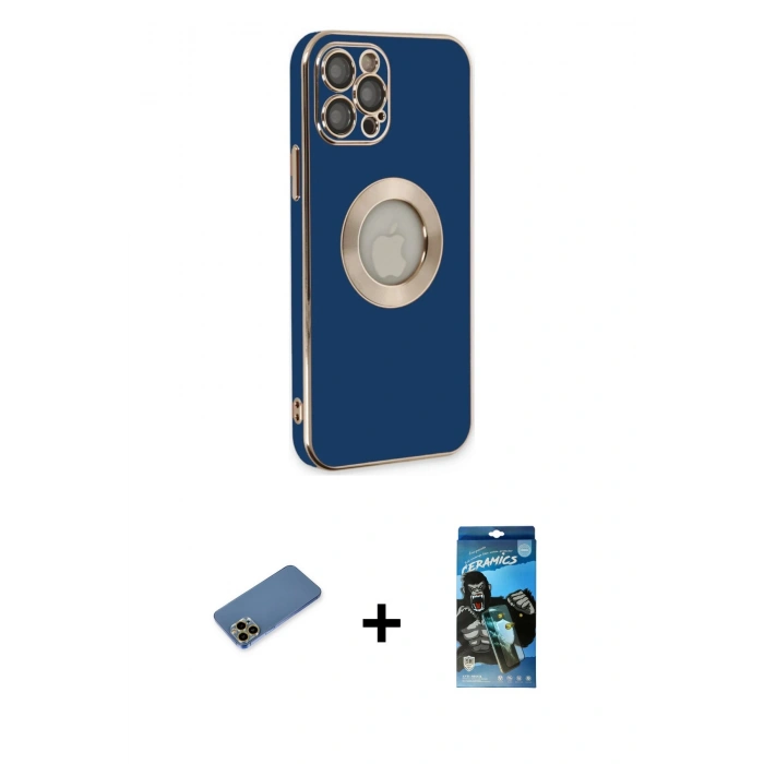 MARSİLYAN™- iPhone 12 Pro Max Kılıf İz Form Serisi - Siyah 34D Izgaralı Cam + Shine Kamera Lens Koruma Cam - GD