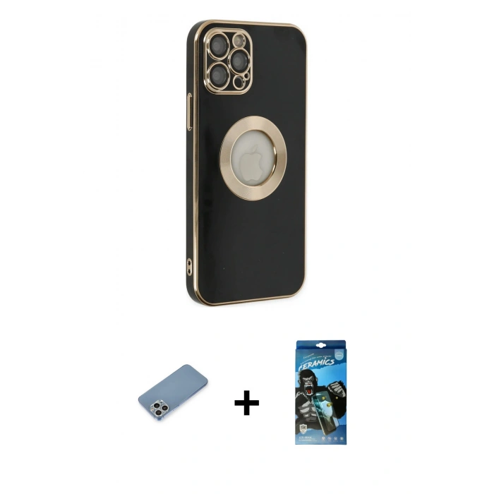 MARSİLYAN™- iPhone 12 Pro Max Kılıf İz Form Serisi - Siyah 34D Izgaralı Cam + Shine Kamera Lens Koruma Cam - GS