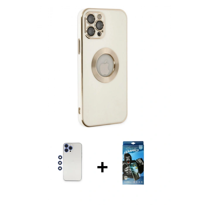MARSİLYAN™- iPhone 12 Pro Max Kılıf İz Form Serisi - Siyah 34D Izgaralı Cam + Shine Kamera Lens - LT