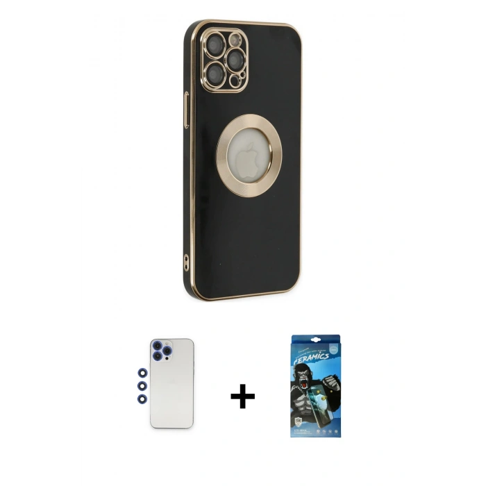 MARSİLYAN™- iPhone 12 Pro Max Kılıf İz Form Serisi - Siyah 34D Izgaralı Cam + Shine Kamera Lens - LT